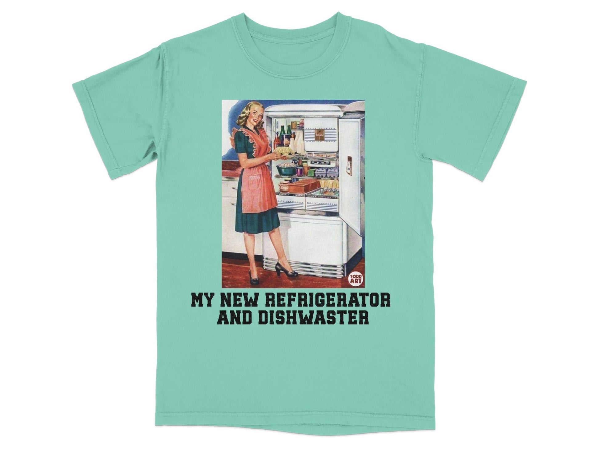 Woman in apron standing by open retro refrigerator, text reads "My New Refrigerator and Dishwasher".