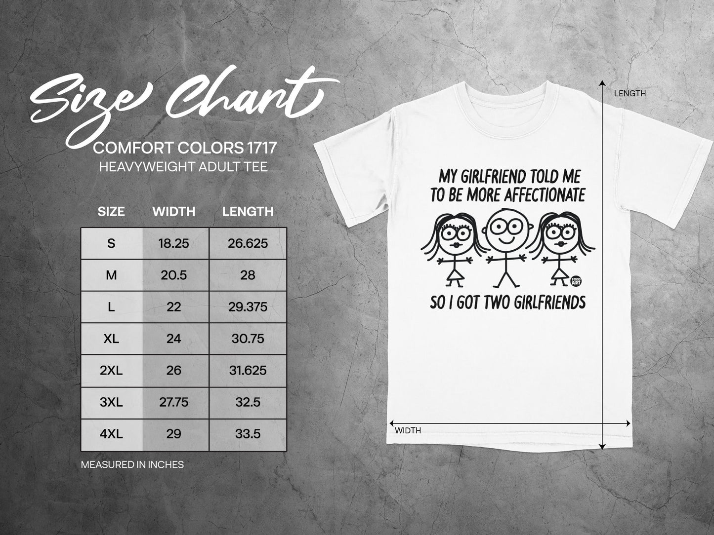Size chart for Comfort Colors 1717 heavyweight adult tee, with measurements.