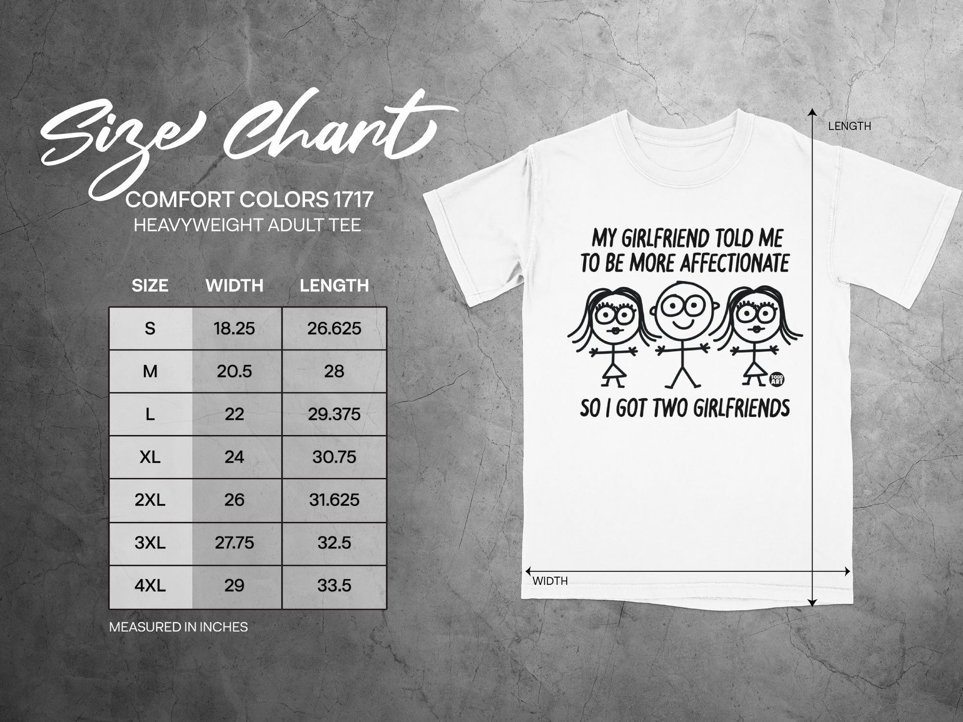 Size chart for Comfort Colors 1717 heavyweight adult tee, with measurements.