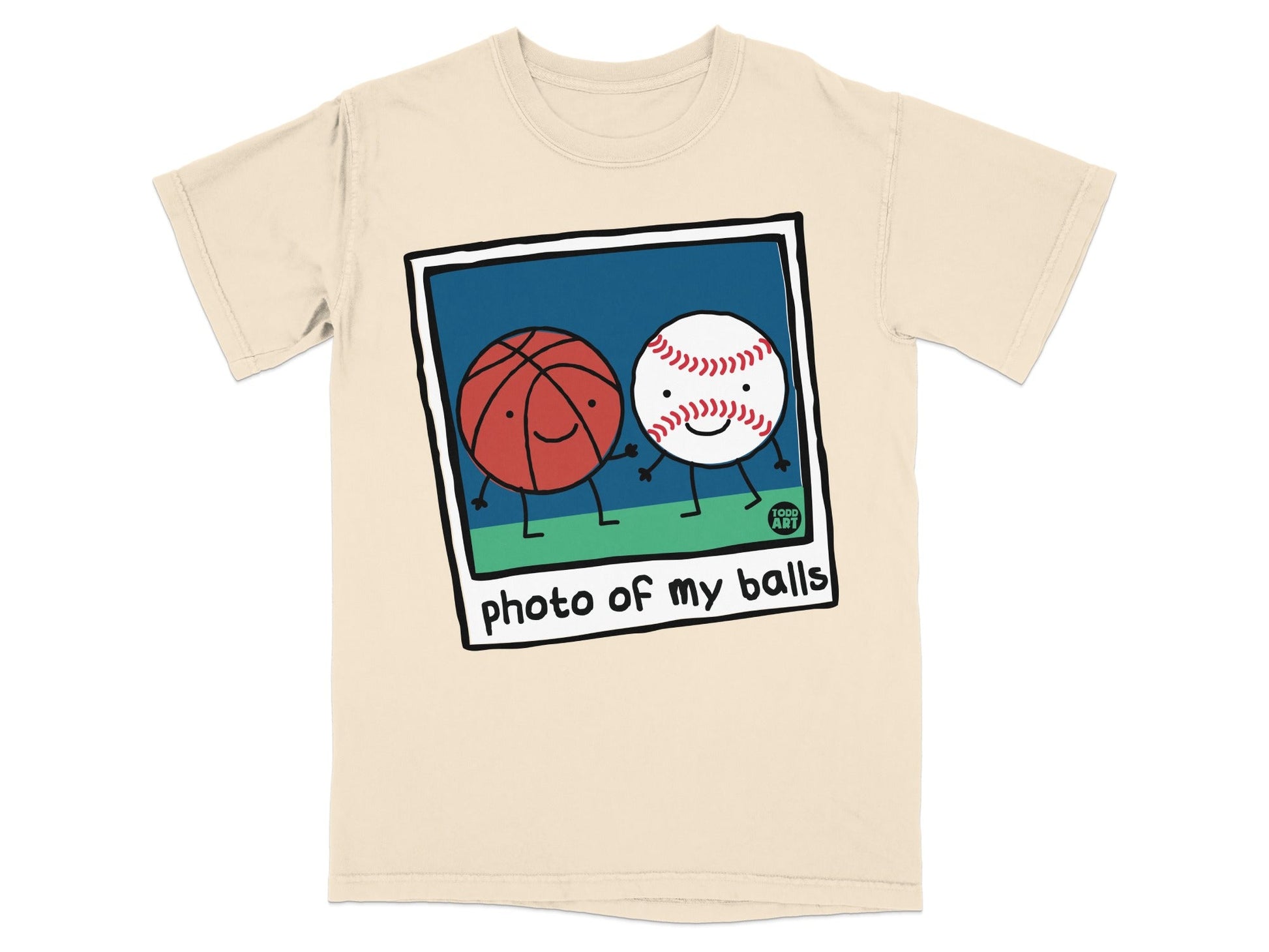 Cartoon basketball and baseball holding hands with "photo of my balls" text.