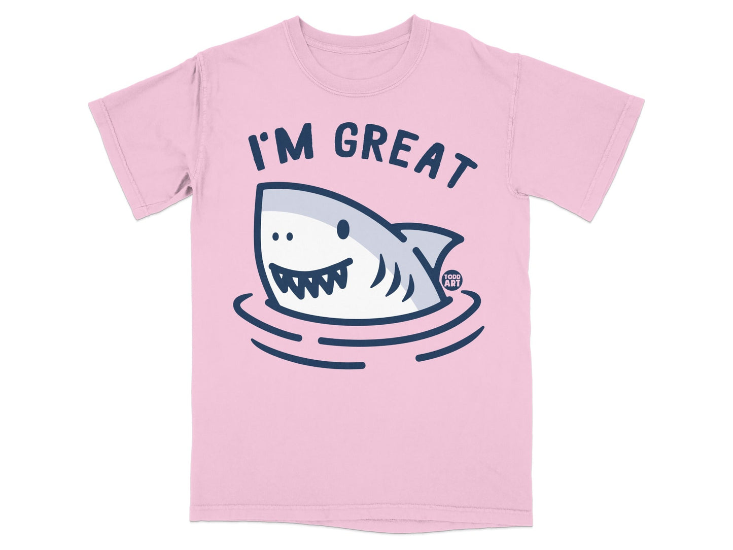 Pink t-shirt with cartoon shark and text "I'm Great".