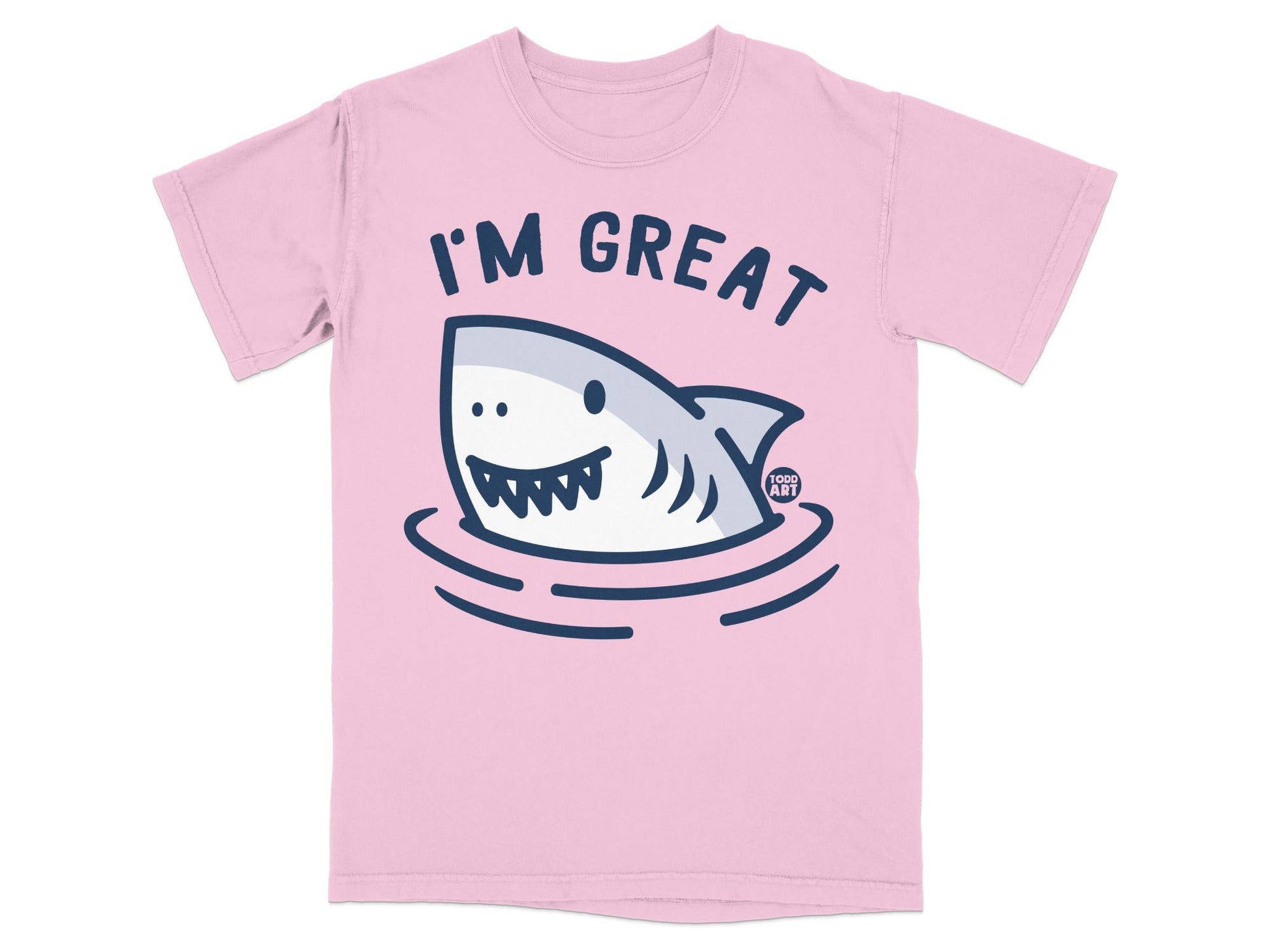 Pink t-shirt with cartoon shark and text "I'm Great".