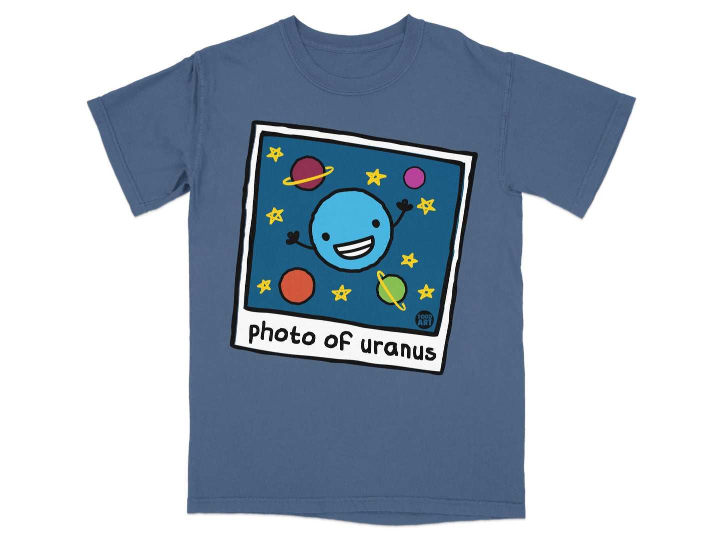 Blue t-shirt with cartoon Uranus smiling, stars, and planets.