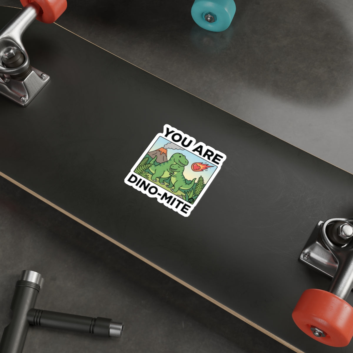 YOU ARE DINO-MITE Cartoon Dinosaur Volcano Heart Sticker 