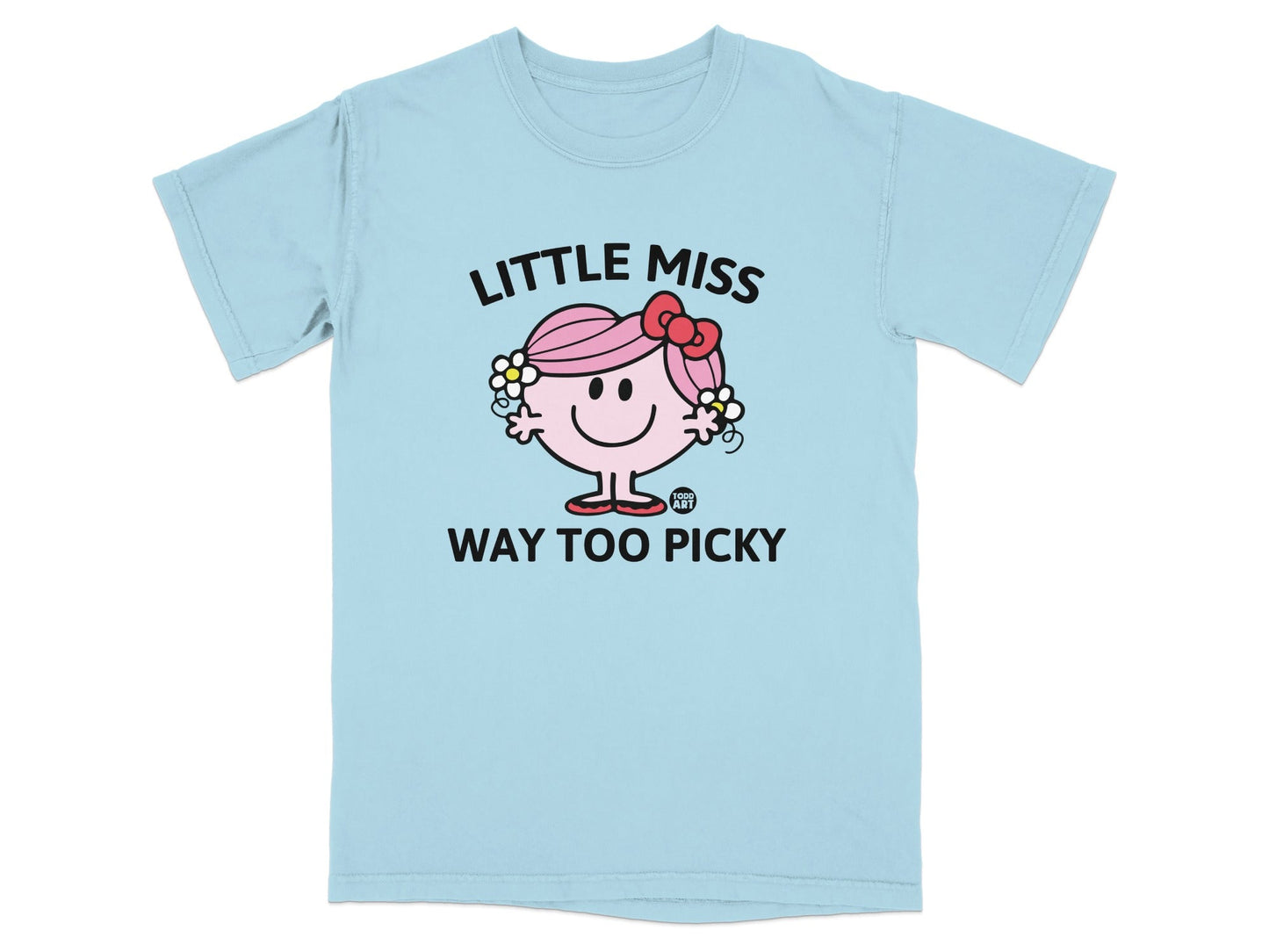 Light blue t-shirt with Little Miss character and text "WAY TOO PICKY".