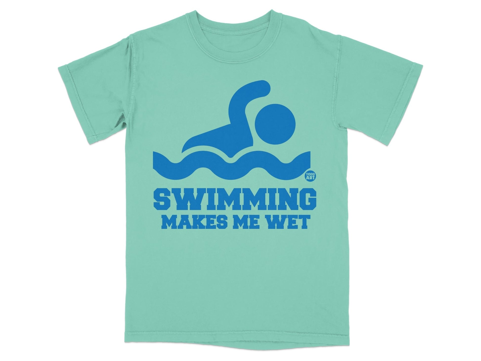 T-shirt with blue swimming graphic and "SWIMMING MAKES ME WET" text.