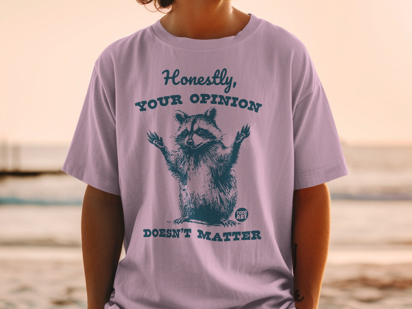 Purple t-shirt with raccoon graphic and "Honestly, YOUR OPINION DOESN'T MATTER" text.