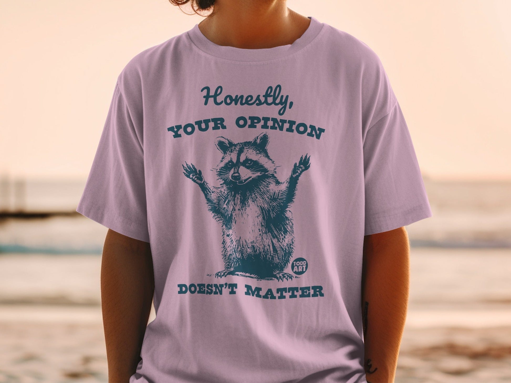 Purple t-shirt with raccoon graphic and "Honestly, YOUR OPINION DOESN'T MATTER" text.