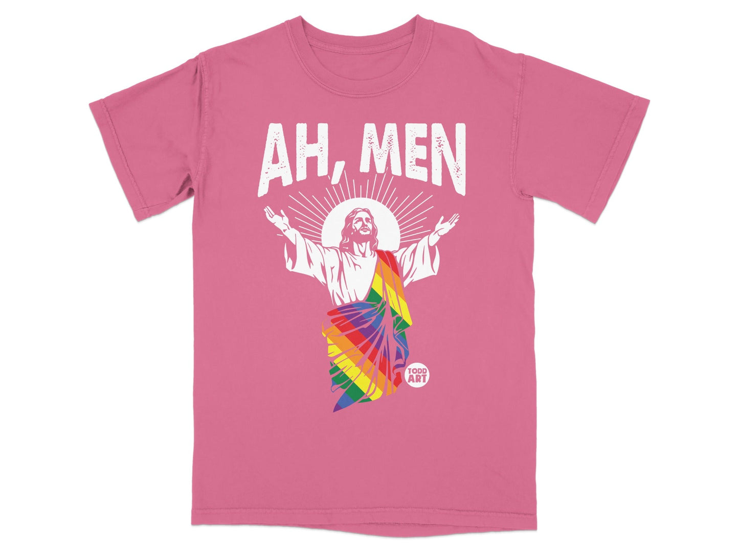 Pink t-shirt with Jesus figure and rainbow halo, text "AH, MEN" and "FOOD ART".
