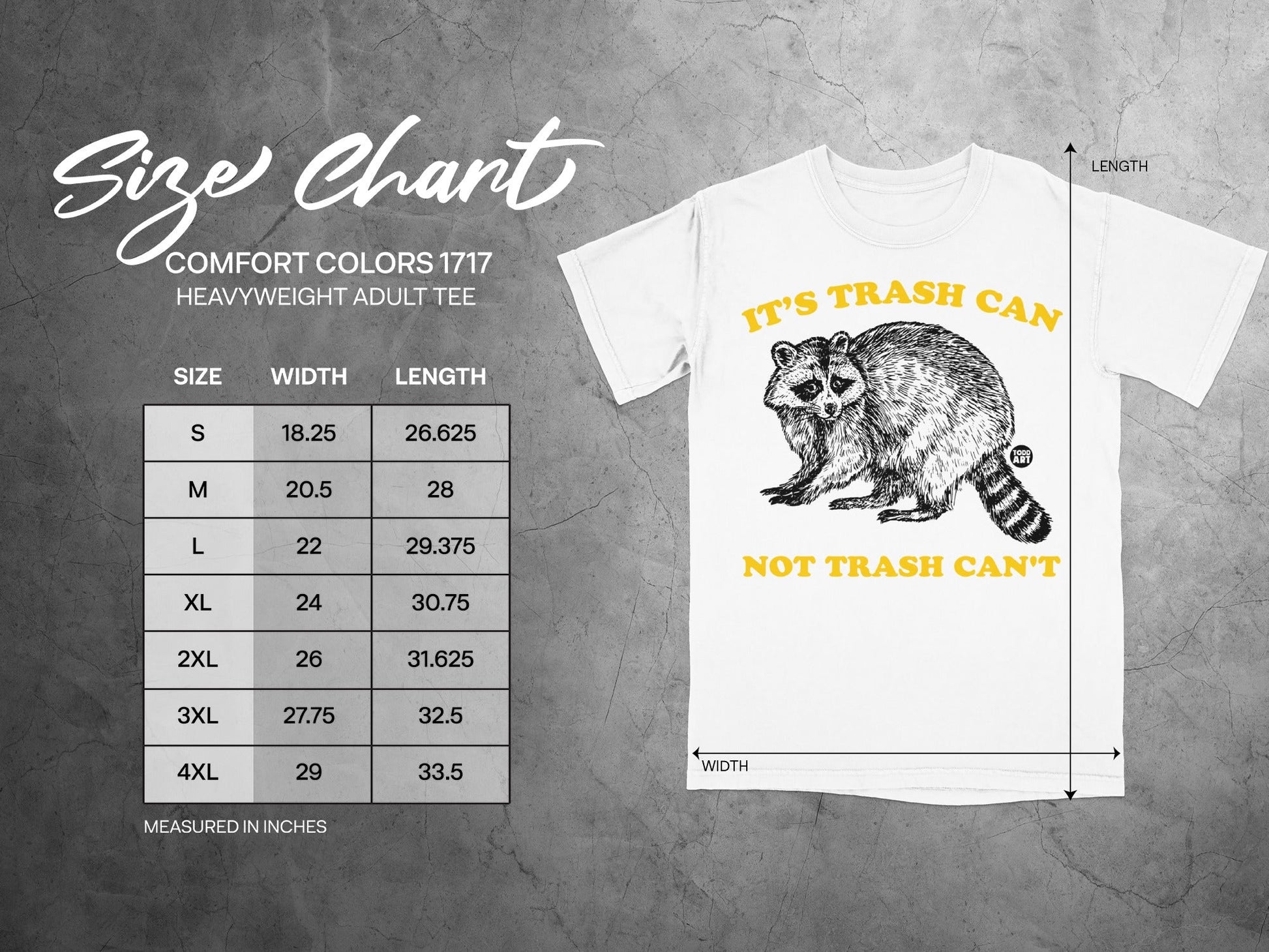 Comfort Colors 1717 size chart with raccoon graphic and text.