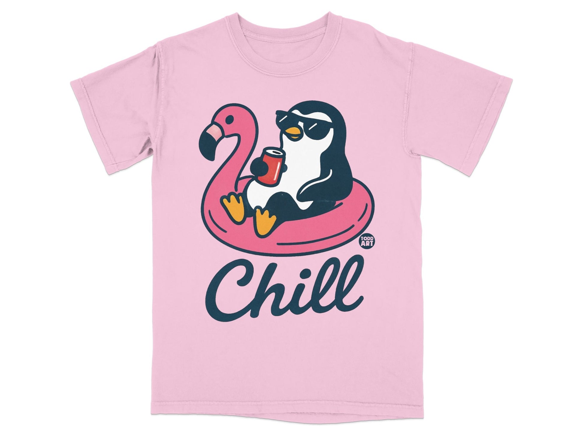 Pink t-shirt with a penguin in sunglasses on a flamingo float, holding a drink.
