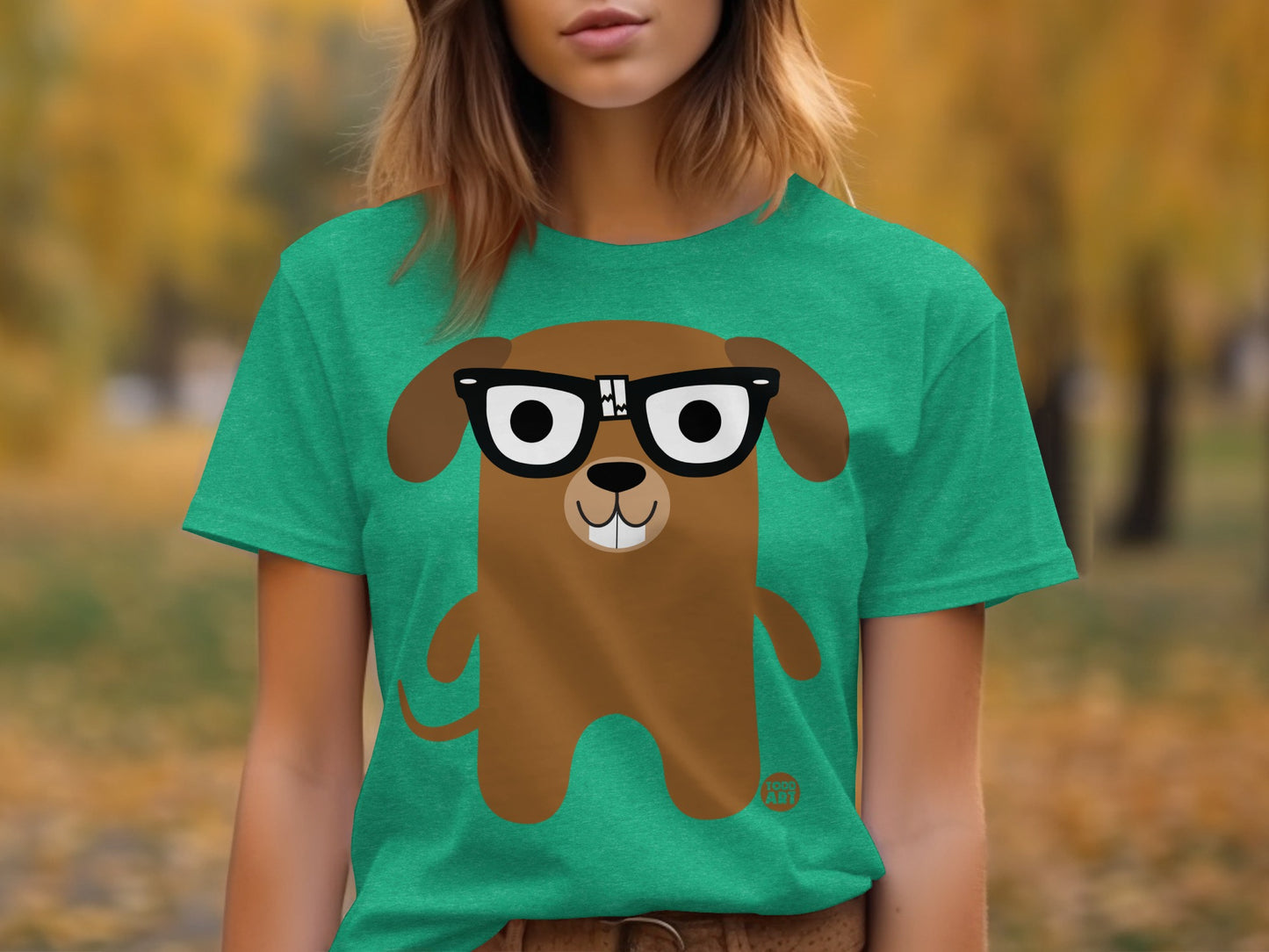 Cute Dog With Glasses Design on Green T-shirt Product