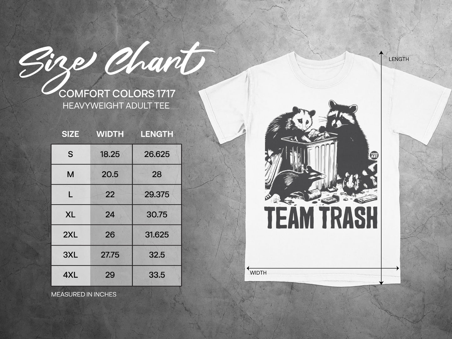 Comfort Colors 1717 size chart for heavyweight adult tee with "Team Trash" graphic.