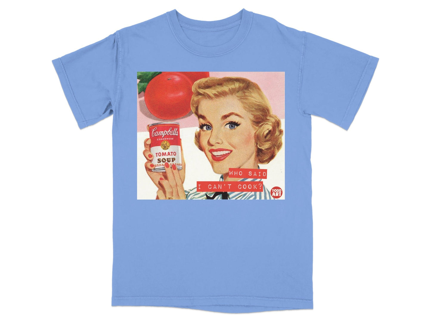 Light blue t-shirt featuring retro illustration of a woman holding Campbell's soup.