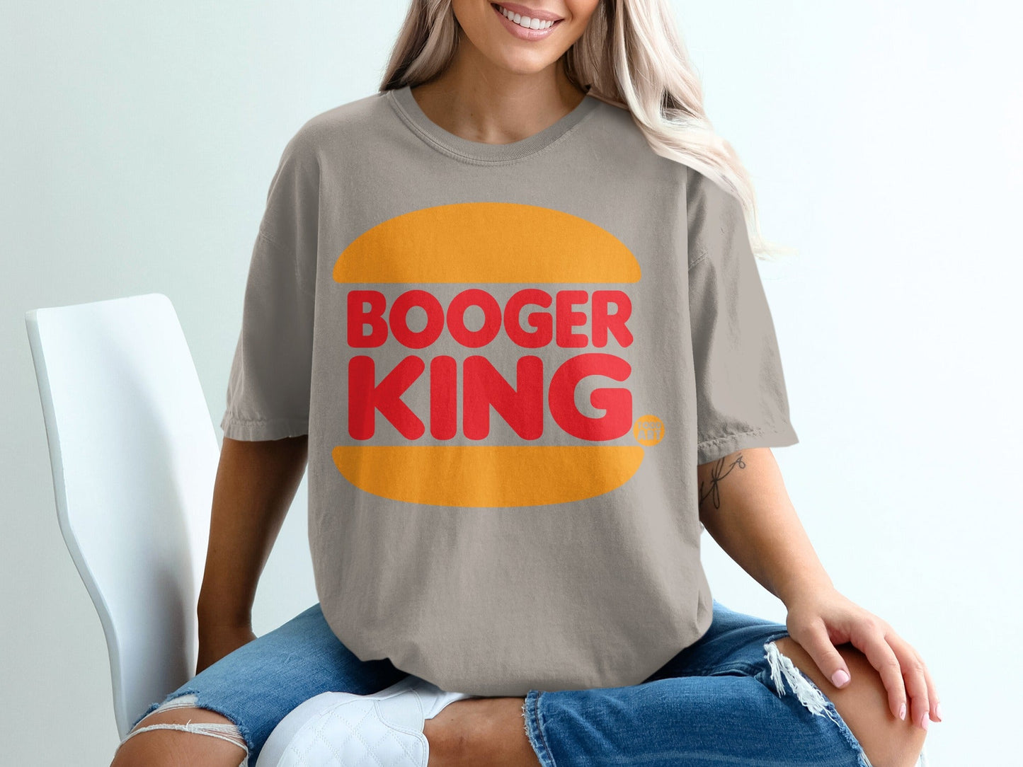 Grey t-shirt with "BOOGER KING" logo and burger bun design.
