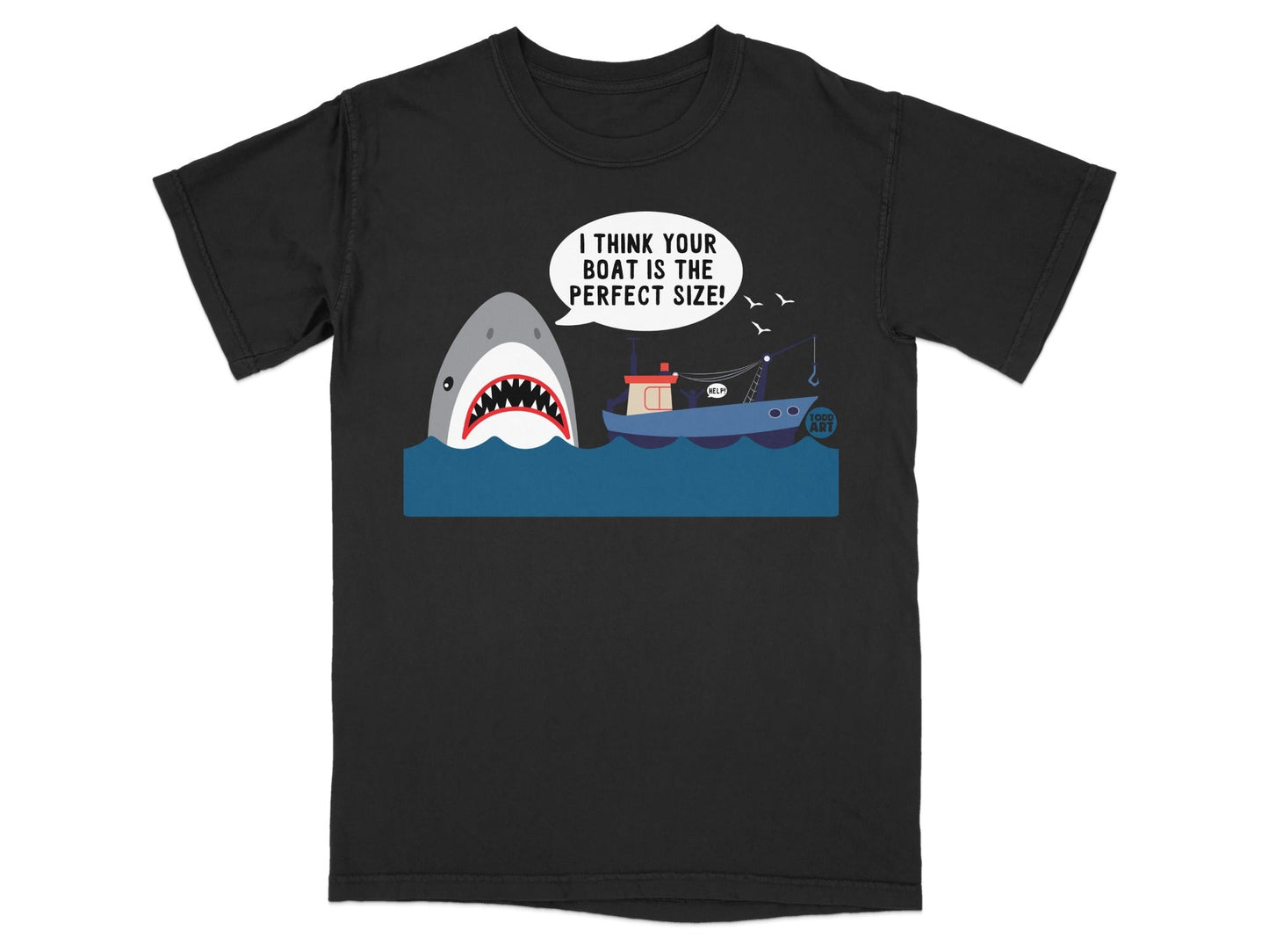 Black t-shirt featuring a shark next to a boat with text bubble.