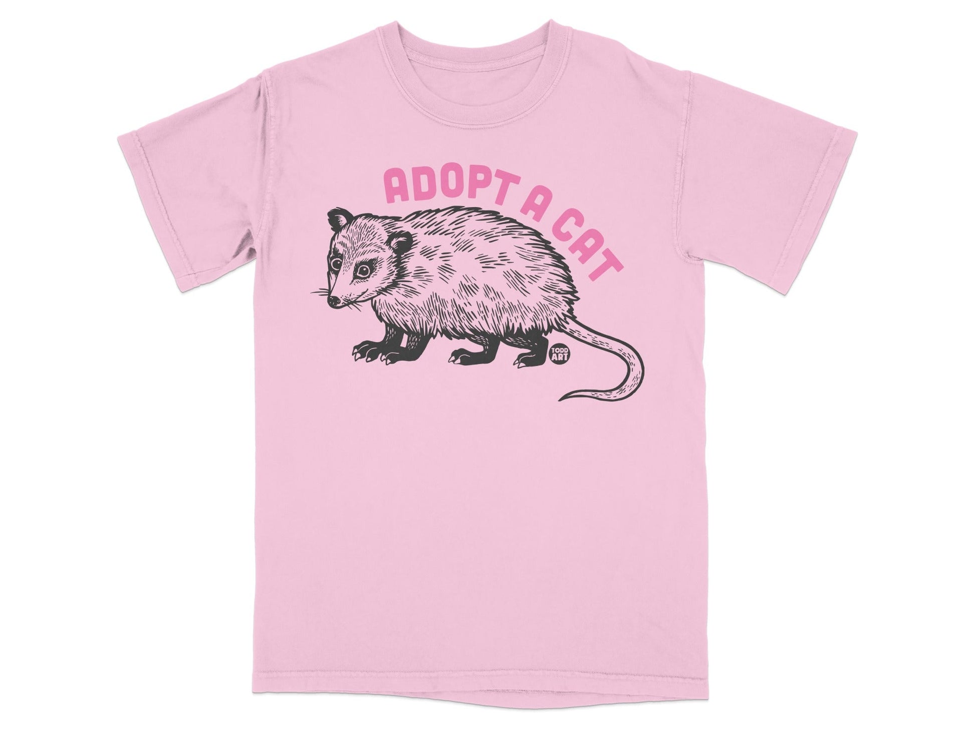 Pink t-shirt with black opossum illustration and "Adopt a Cat" text.