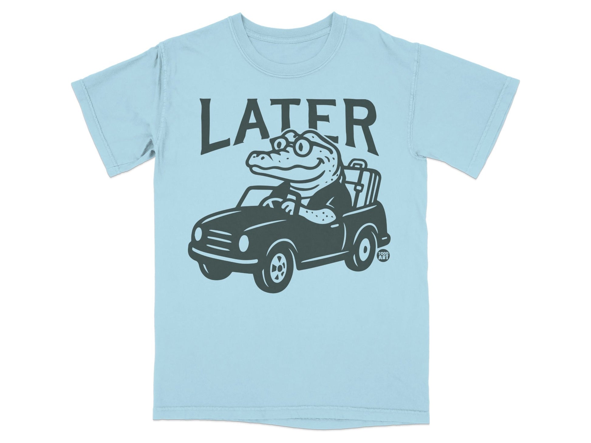 Alligator wearing glasses driving a car with luggage.