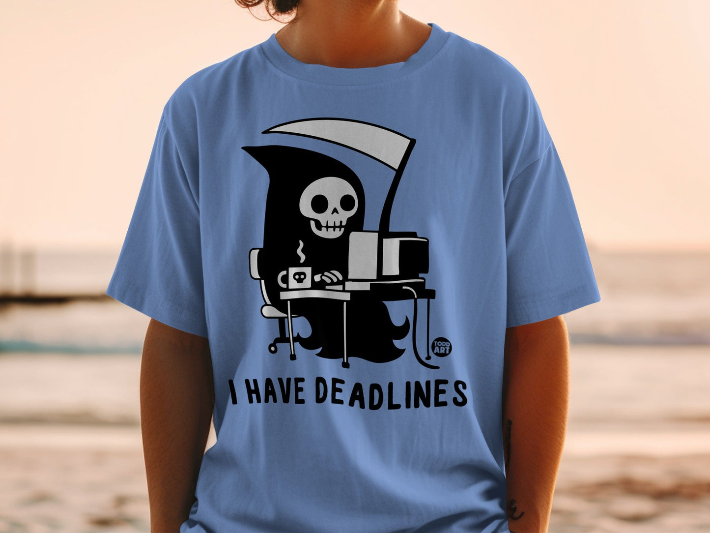 Grim Reaper at a computer with "I HAVE DEADLINES" text.