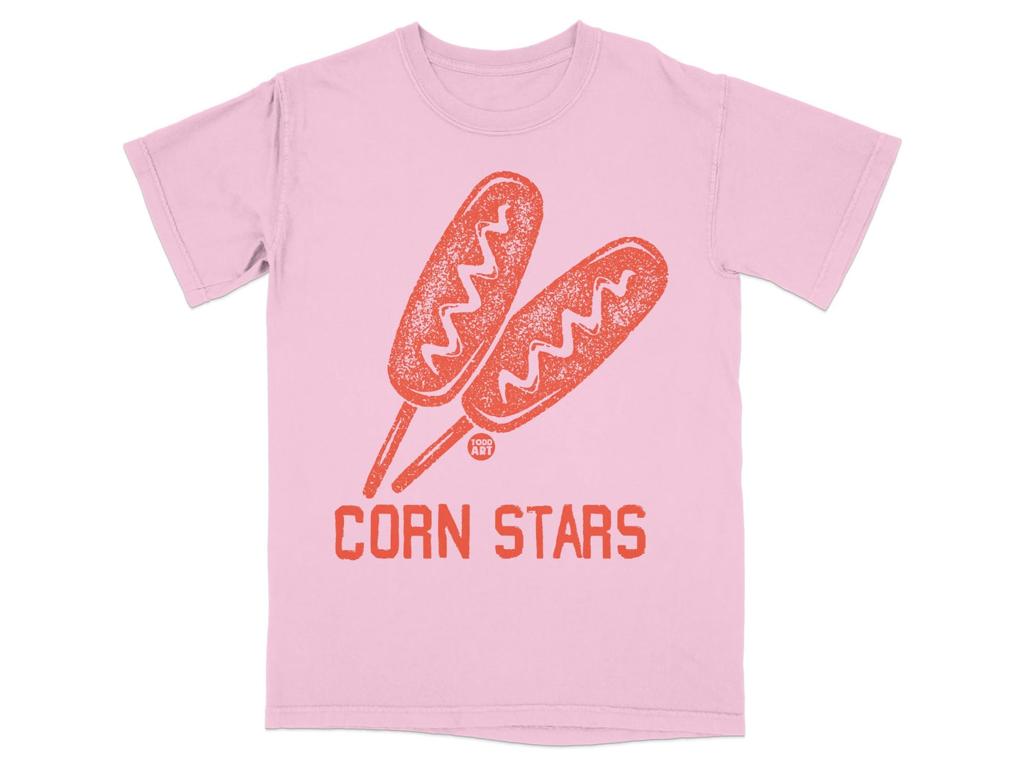Pink t-shirt with two corn dogs and "CORN STARS" text.