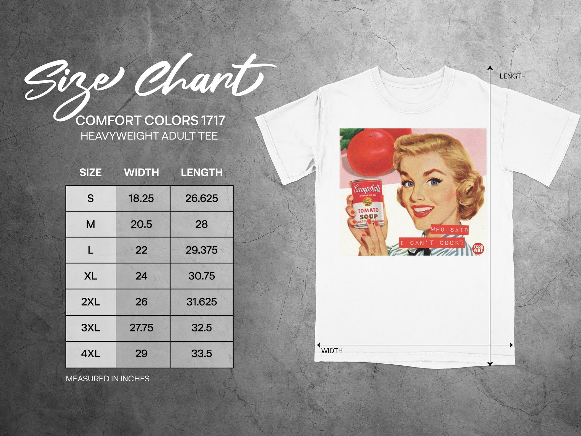 Size chart for heavyweight adult tee with Campbell's soup can illustration.