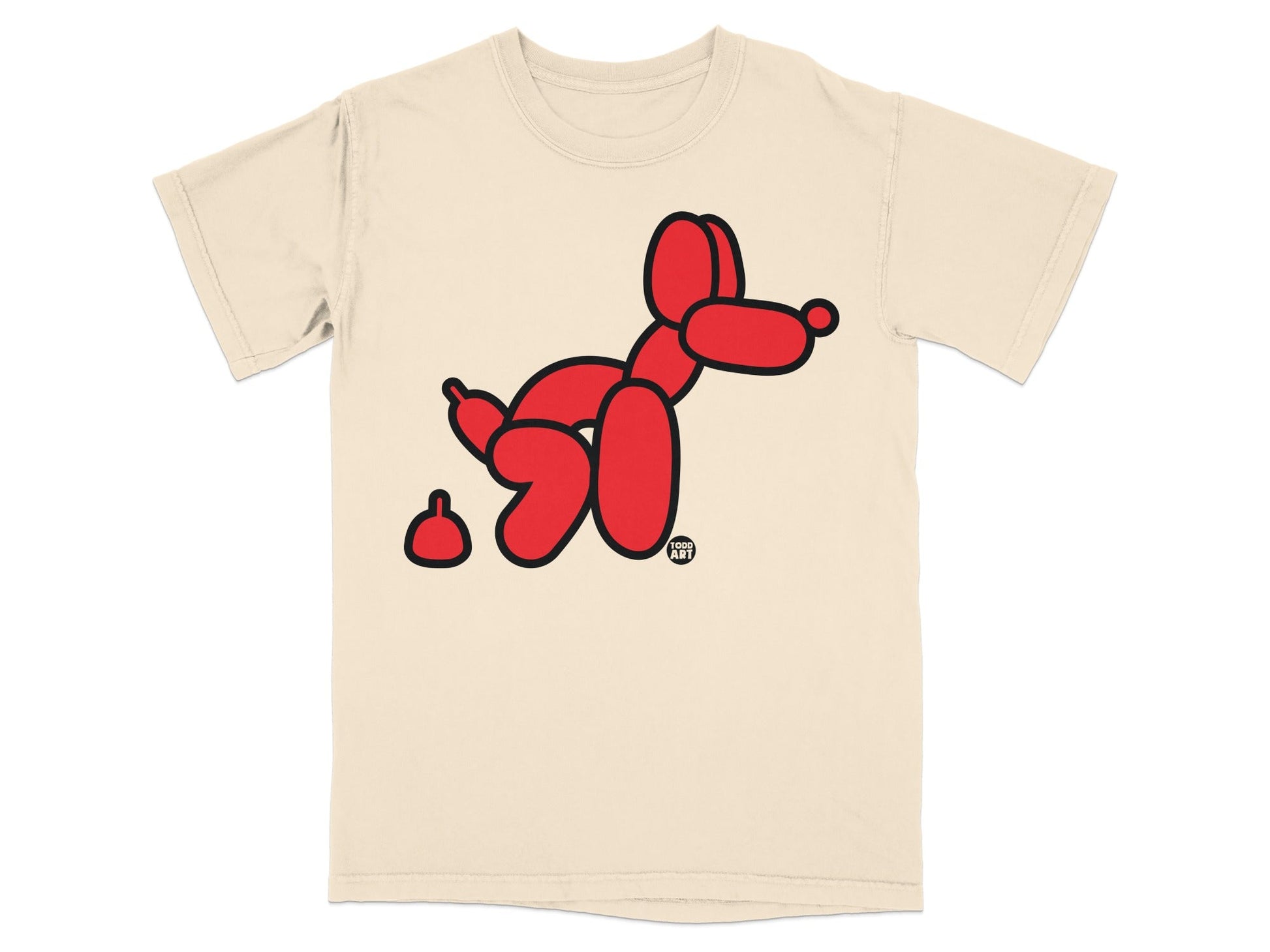 Red balloon dog with poop graphic on tan t-shirt.