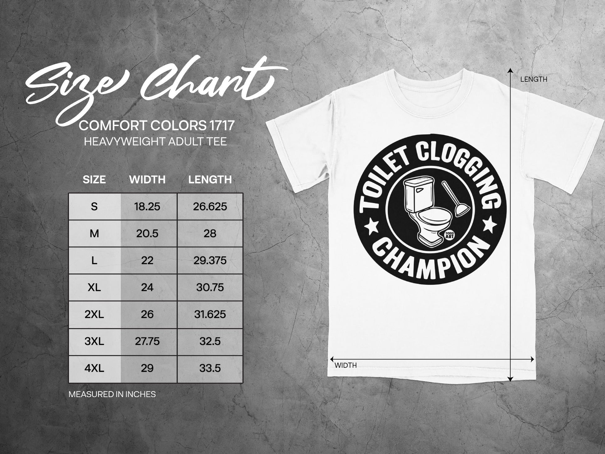 Size chart for Comfort Colors 1717 heavyweight adult tee, listing sizes S-4XL with width and length measurements.