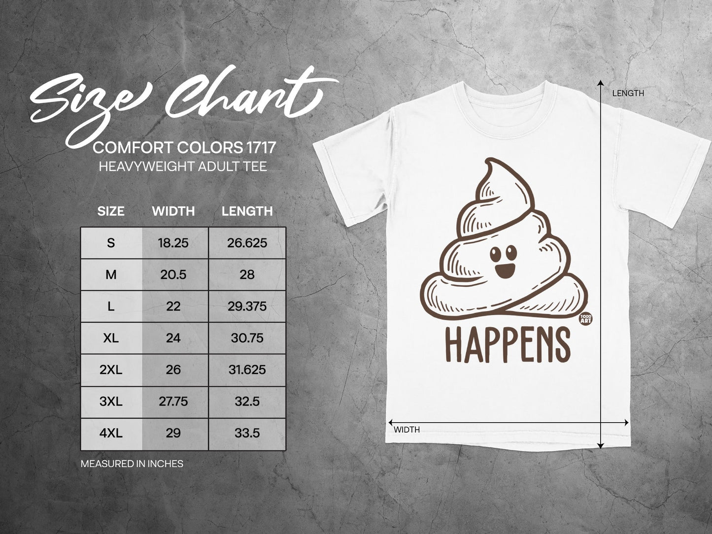 Comfort Colors 1717 size chart for heavyweight adult tee with poop graphic.