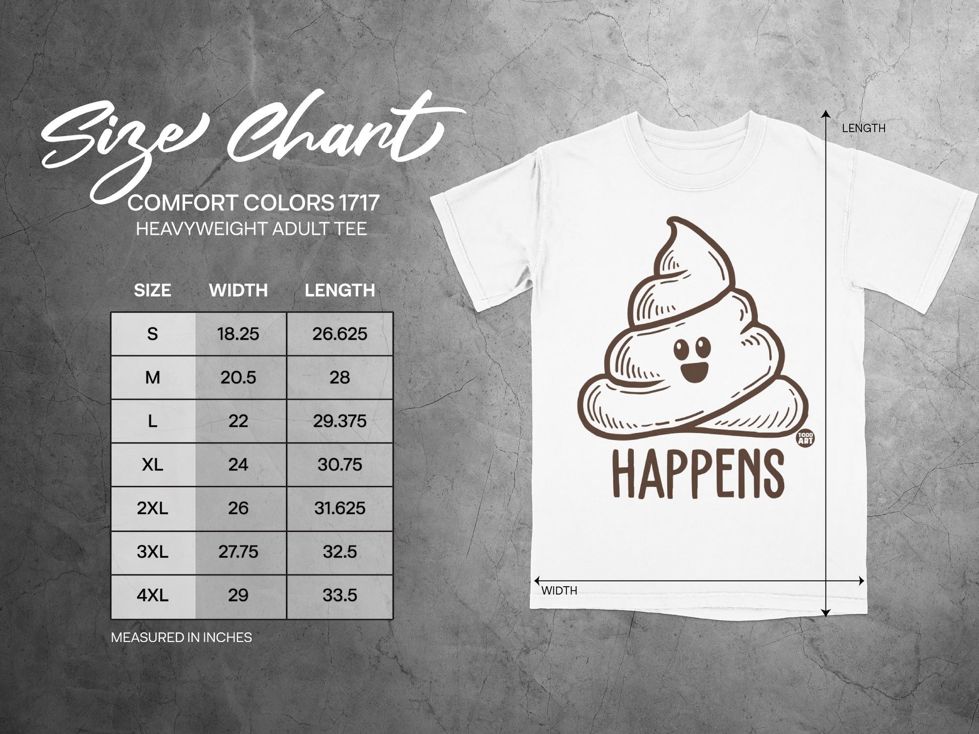 Comfort Colors 1717 size chart for heavyweight adult tee with poop graphic.