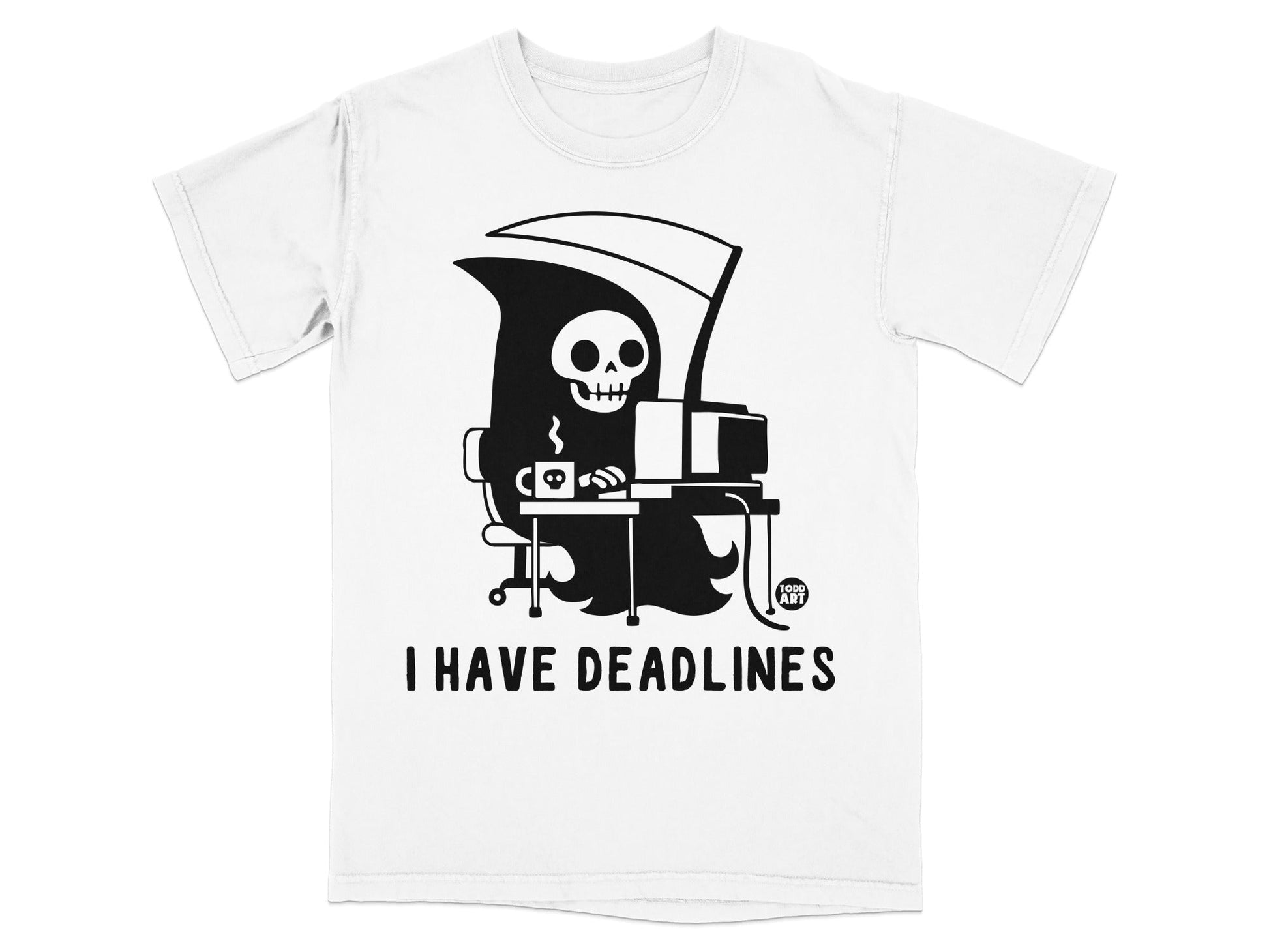 T-shirt graphic of the Grim Reaper at a computer with "I HAVE DEADLINES" text.