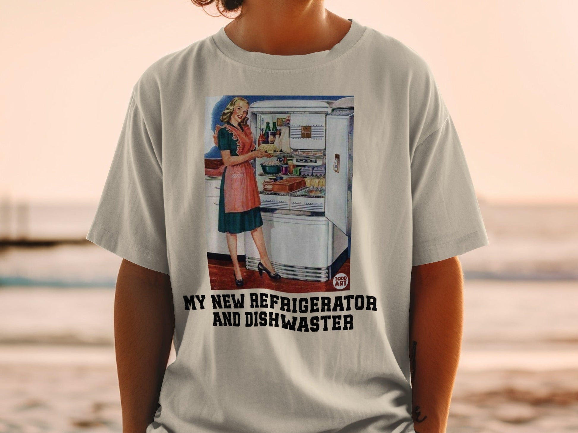 Woman in apron standing by open refrigerator, "My new refrigerator and dishwater" text.