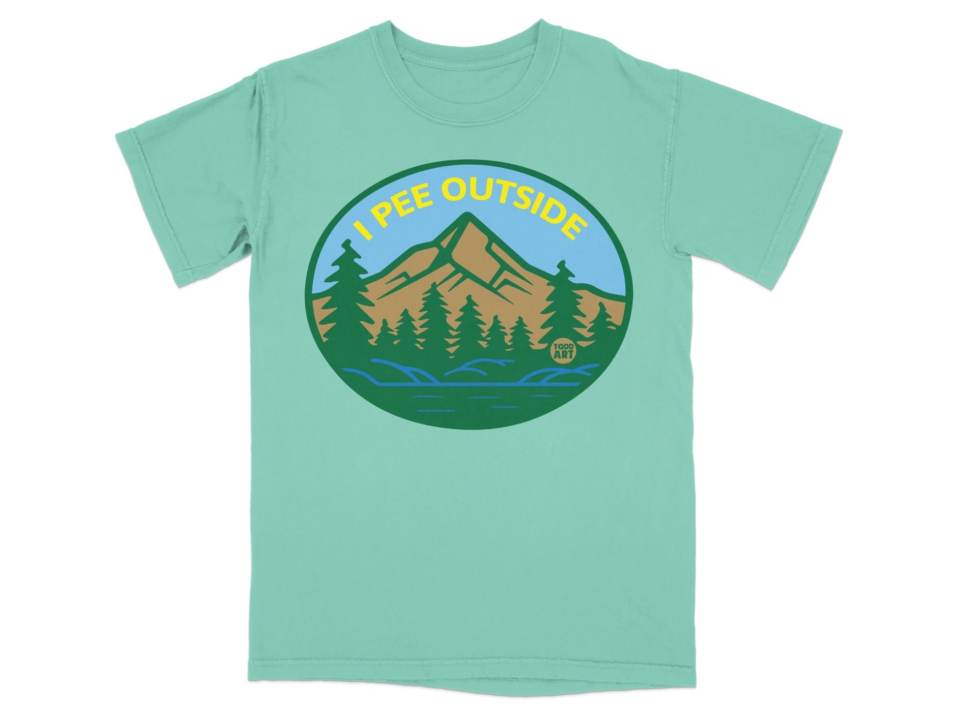 Teal t-shirt with "I pee outside" text and mountain landscape graphic.
