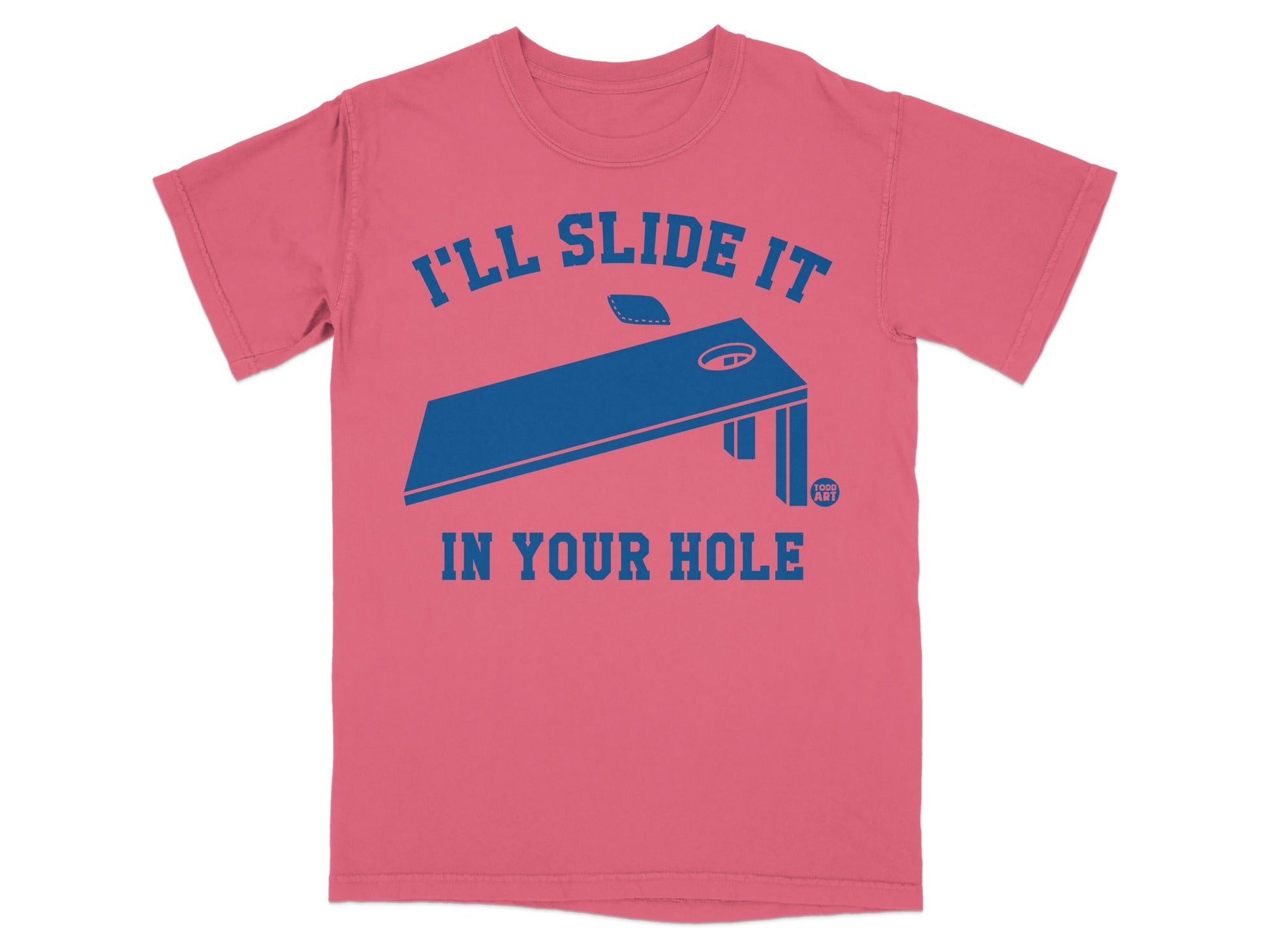 Coral t-shirt with blue cornhole board graphic and text.