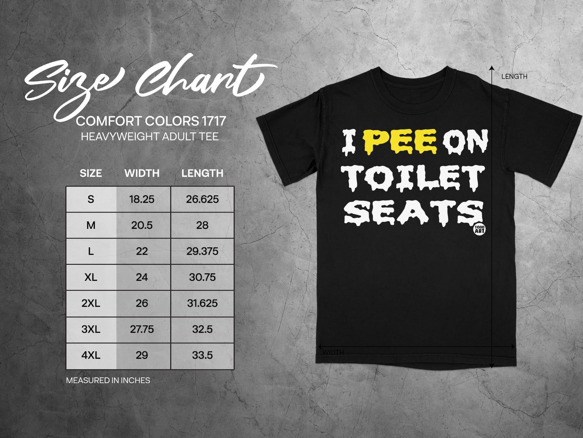 Size chart for Comfort Colors 1717 heavyweight adult tee with printed graphic.