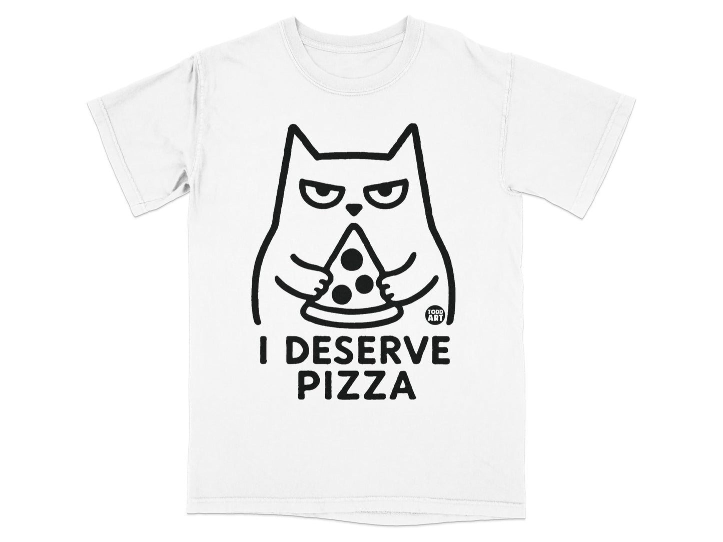 White t-shirt with a black line drawing of a grumpy cat holding a slice of pizza.