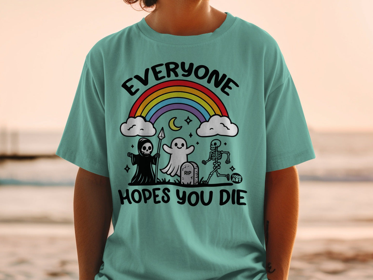 Teal t-shirt with "EVERYONE HOPES YOU DIE" and Halloween characters.