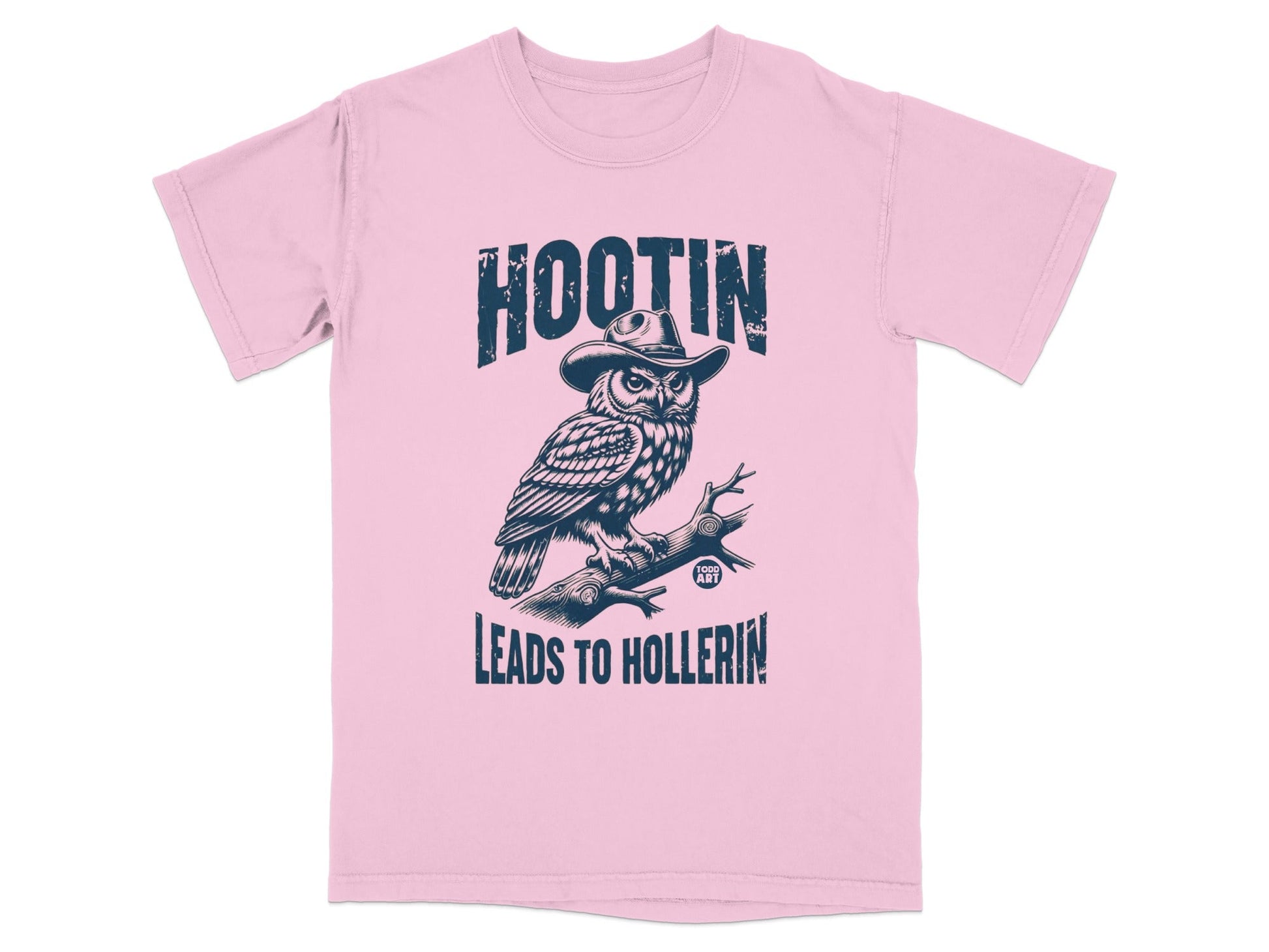 Pink t-shirt with an owl wearing a cowboy hat on a branch.