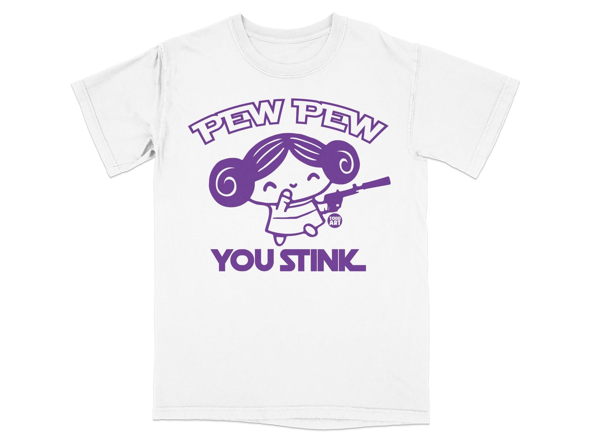 White t-shirt with "Pew Pew You Stink" graphic and cartoon character holding a gun.