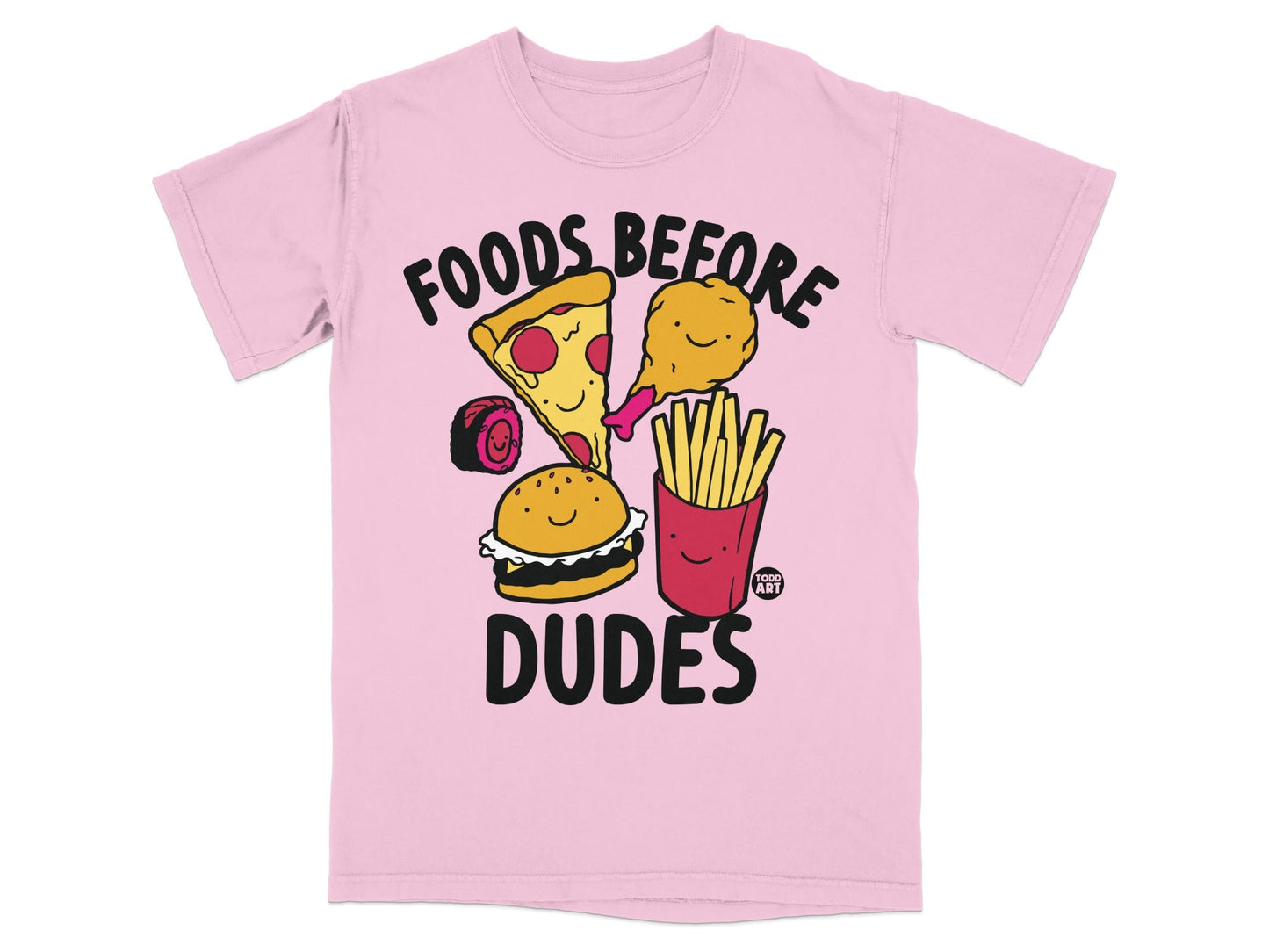 Pink t-shirt with "Foods Before Dudes" text and cartoon fast food graphics.