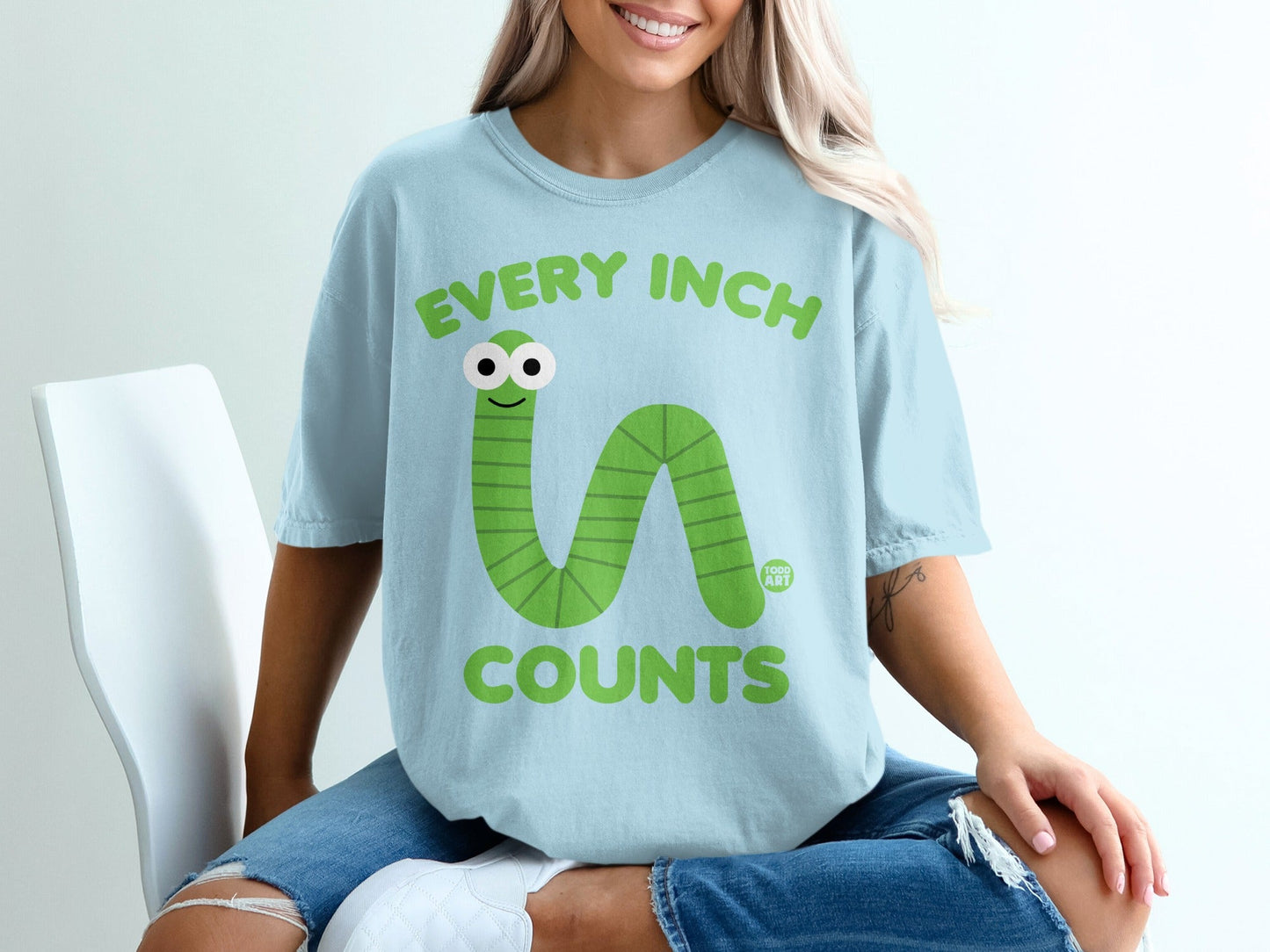 Every Inch Counts Cute Green Worm Graphic T-Shirt
