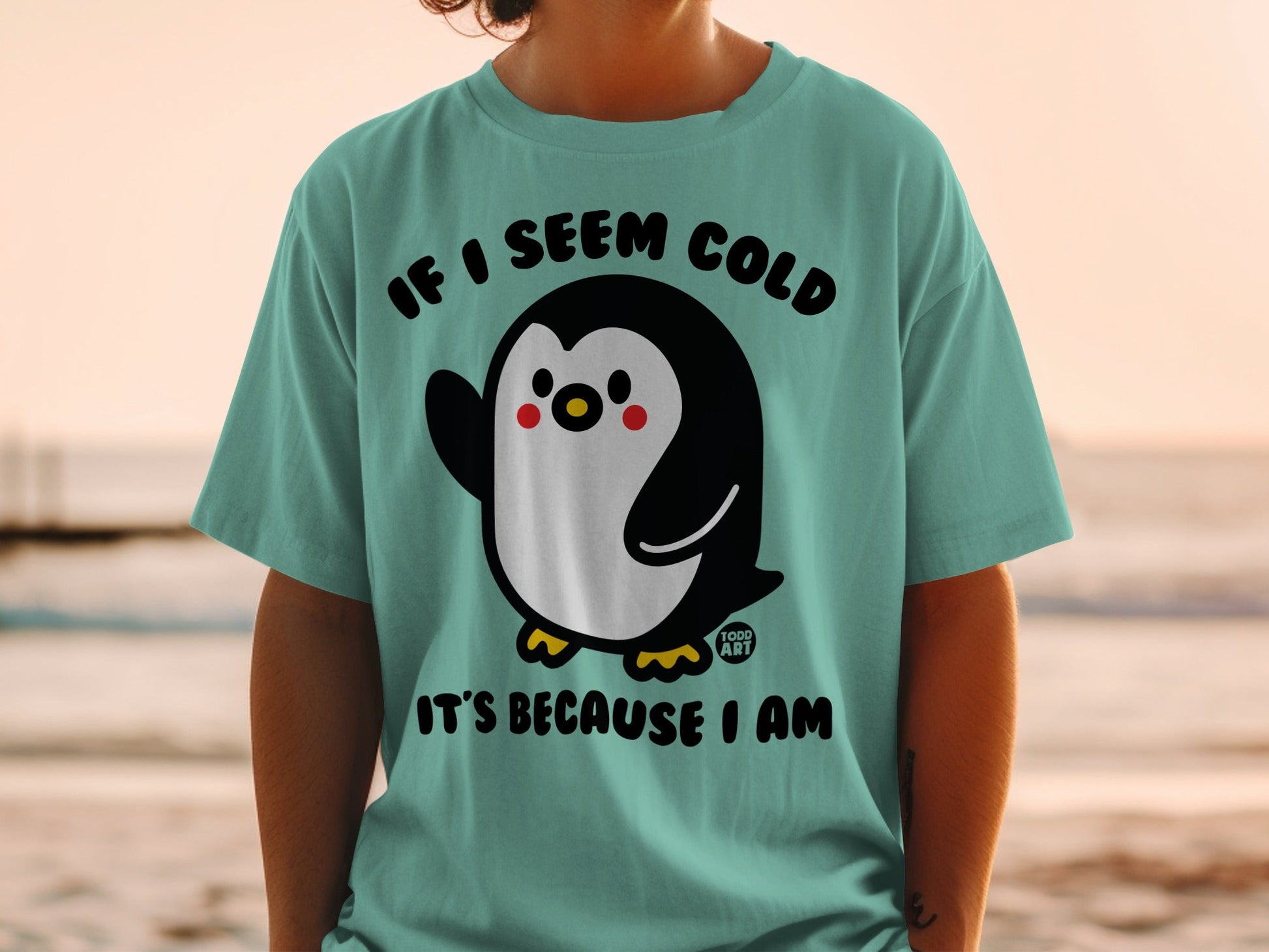 Teal t-shirt with a cartoon penguin and text "IF I SEEM COLD IT'S BECAUSE I AM".