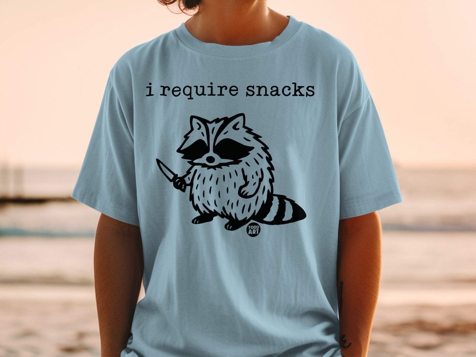 Light blue t-shirt with a raccoon holding a knife and the text "I require snacks".