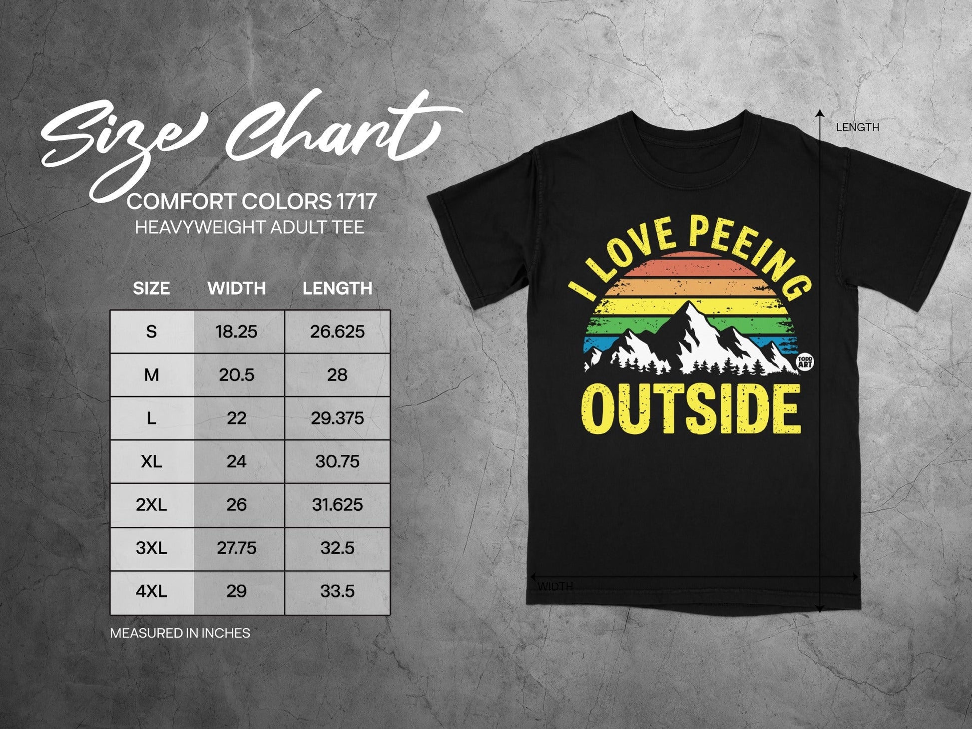 Size chart for Comfort Colors heavyweight adult tee with graphic of mountains and text.