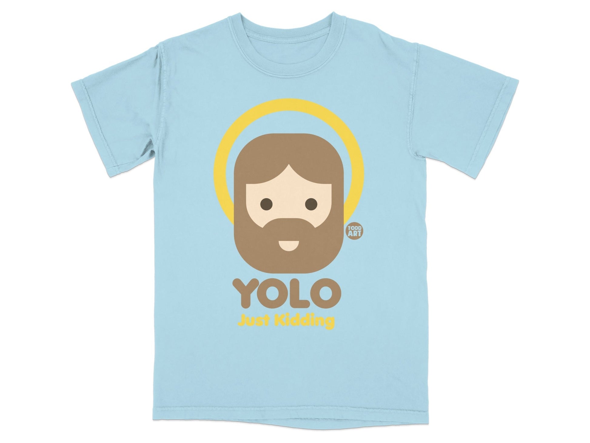 Light blue t-shirt with cartoon Jesus graphic saying "YOLO Just Kidding".