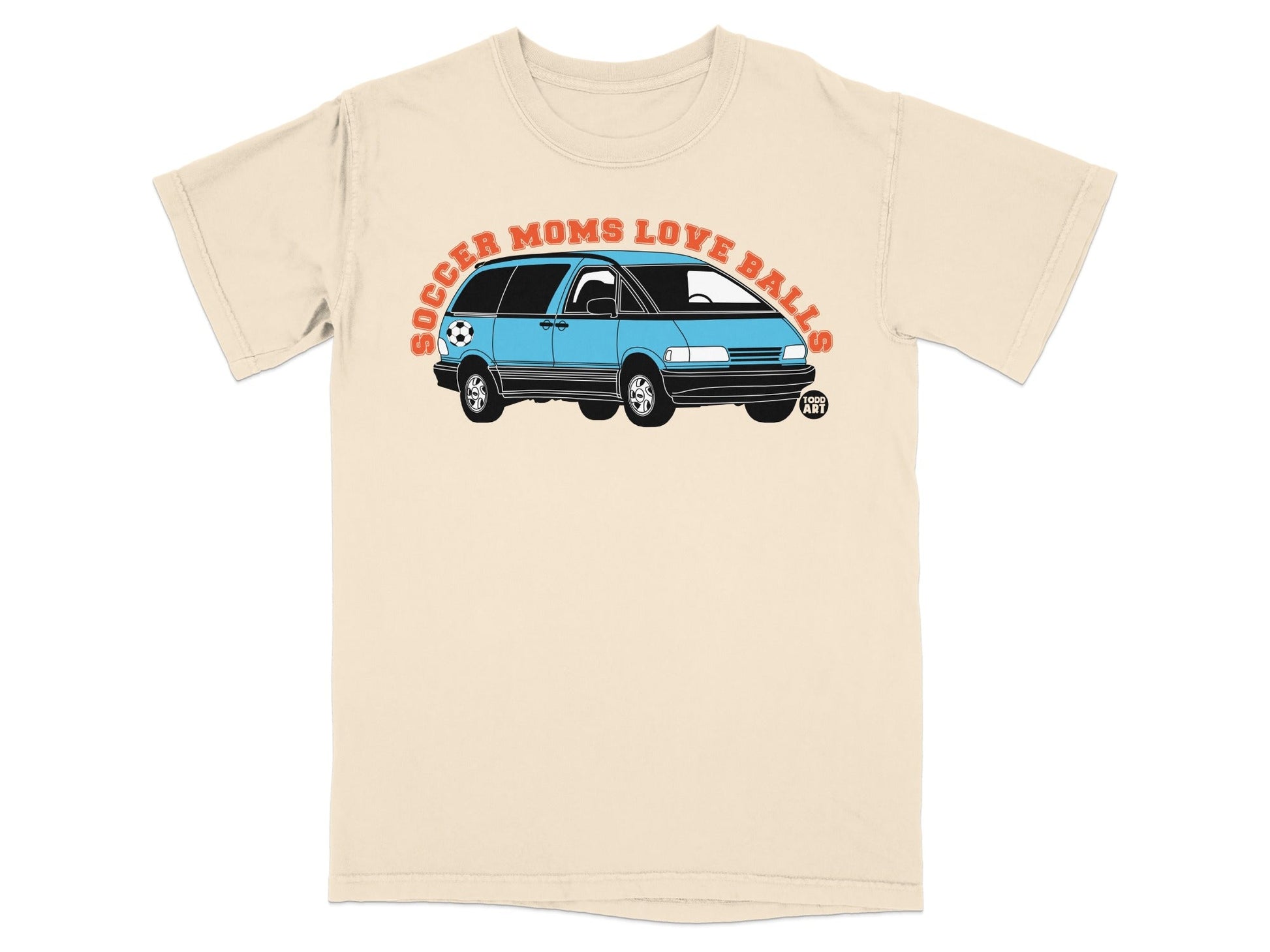 Light beige t-shirt with blue minivan and "SOCCER MOMS LOVE BALLS" text.
