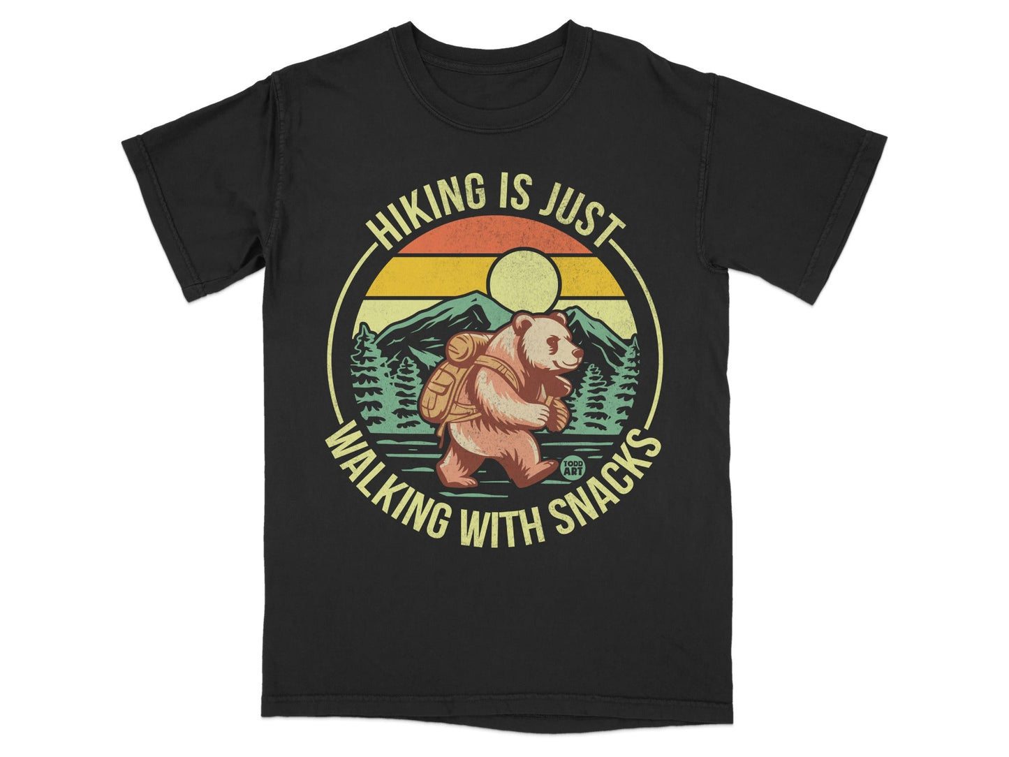 Bear hiking with backpack under sunset with text "Hiking is just walking with snacks."
