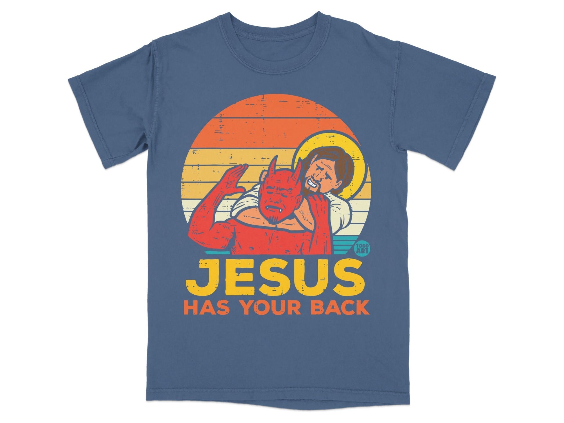 T-shirt with devil holding Jesus in a wrestling hold, text "JESUS HAS YOUR BACK".