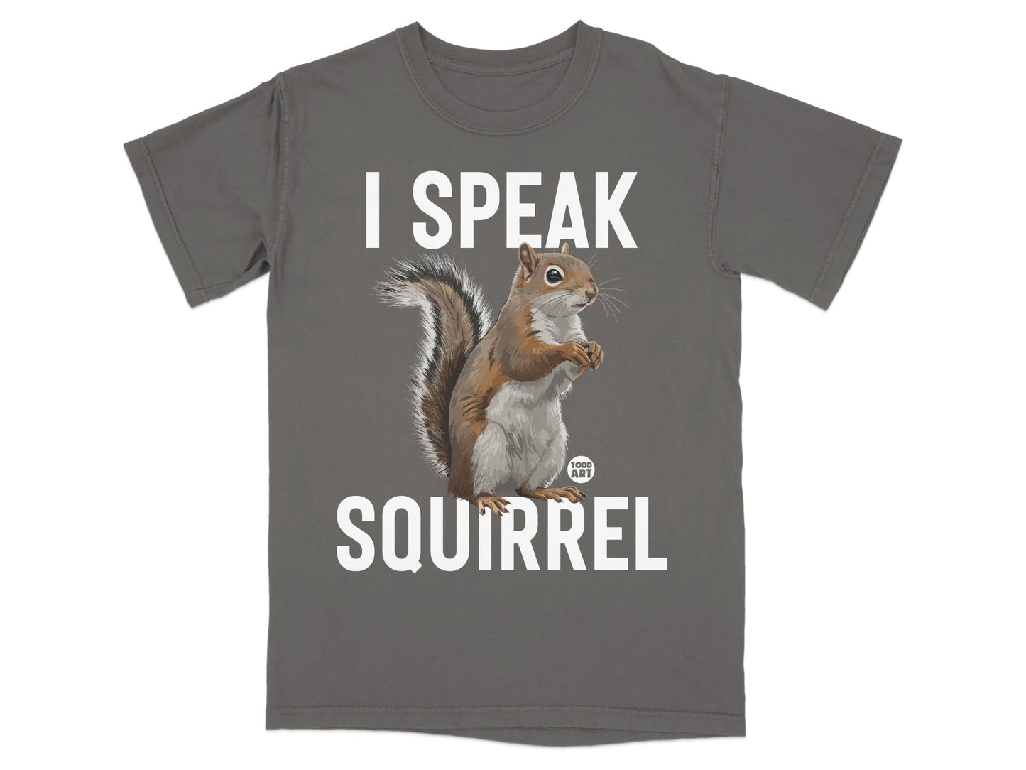 Gray t-shirt with a squirrel graphic and "I SPEAK SQUIRREL" text.