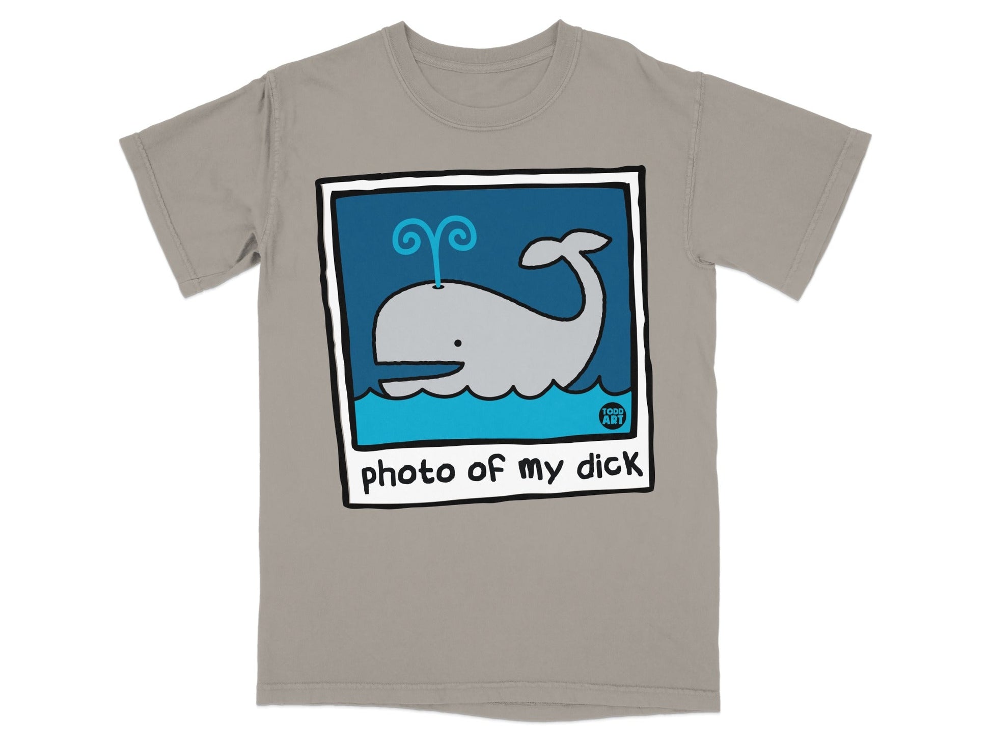 Grey t-shirt with cartoon whale design and text "photo of my dick".
