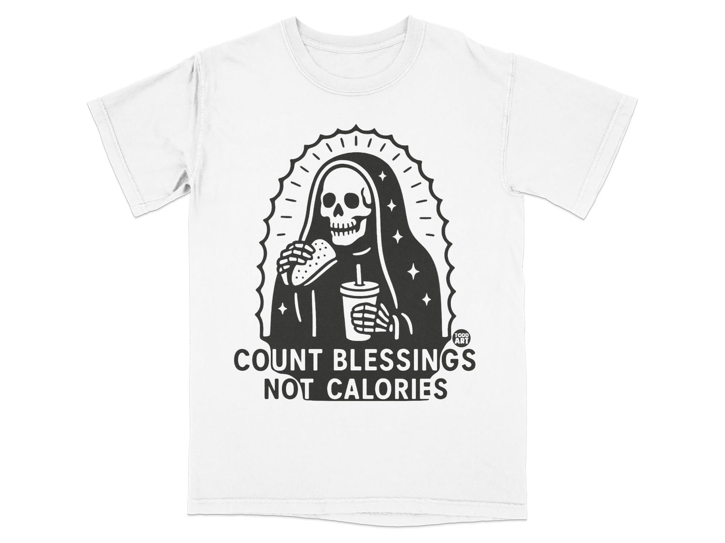 Grim Reaper eating a burger, "Count Blessings Not Calories" text.